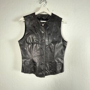Banana Republic Women Black Genuine Leather Button Down Vest Jacket Size 6 Lined